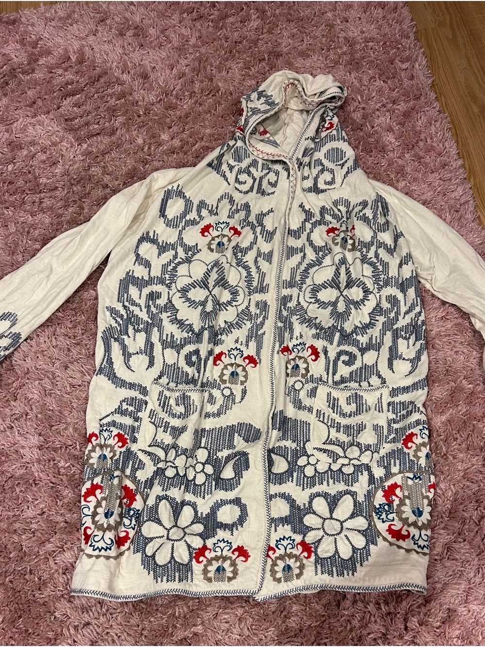 Johnny Was Cream Hooded Duster Cardigan with Blue and Red Embroidery